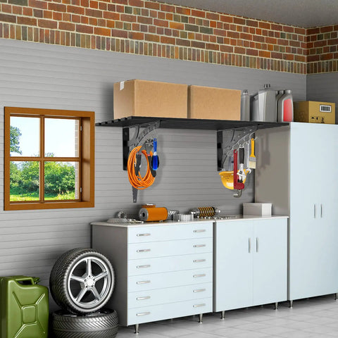 Heavy Duty Wall Mount Garage Shelves 1.3x3.2 Ft Metal Floating Shelf With 10 S Shaped Hooks 550 Pound Capacity Black Storage Rack For Tools And Equipment Safe Easy To Clean And Sturdy