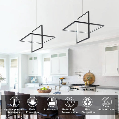 Modern Square LED Chandelier Pendant Light That Looks Lit Dimmable 6000K Cool White Ideal For Living Room Dining Bedroom Kitchen And Study 65W Black Finish hanging over a kitchen island.
