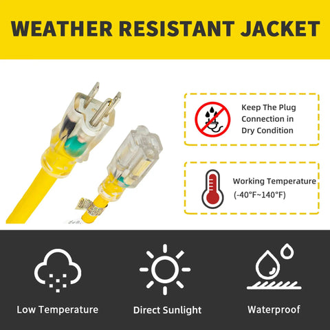 Weatherproof Indoor Outdoor Power Cord 10Ft Lighted End 12 Gauge Heavy Duty with clear plug and yellow cord
