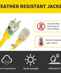 Weatherproof Indoor Outdoor Extension Cord With Lighted End UL Listed 10 Gauge 50ft Yellow Three Prong, temperature range display.
