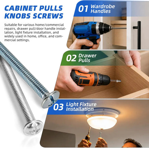 Top Tier Cabinet Pull Screws And Dresser Drawer Knob Fasteners With Rock Solid 8-32 And Metric M4 Threads used for wardrobe handles and drawer pulls.