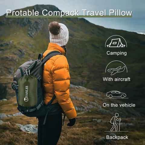Hiker with backpack beside 'Protabel Compact Travel Pillow' illustration, Two Pack Camping Pillow For Sleeping On The Go