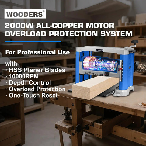 13 Inch Benchtop Thickness Planer with 15 Amp Motor in workshop featuring HSS blades and overload protection