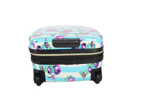 Front view of Designer Underseat Luggage For Women, 15 Inch Hardside Carry On With Two Rolling Wheels, Stripe Floral Hummingbird Pattern