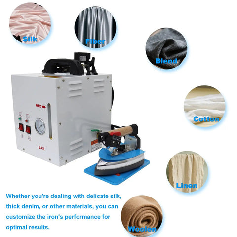 Heavy Duty 1600W Steam Ironing Station With 4L Tank And 900W Iron Head For Commercial Shops And Tailors Looking For A Serious Wrinkle Crusher That Brings Slick Finishes With Zero Sweat Or Extra Hassle, showcasing steam iron with customizable settings for various fabrics.