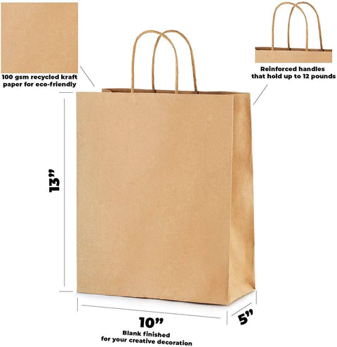 Bulk 500 Pack Heavy Duty Kraft Paper Bags 10x13 Inches With Handles showing size and reinforced handles