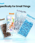 64 Jar Diamond Art Storage Kit With Clear Containers Portable Organizer And Label Sticker Set showing seed beads, safety pins, and diamonds