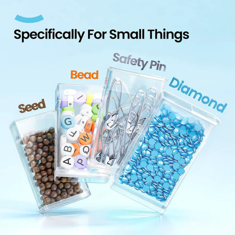 64 Jar Diamond Art Storage Kit With Clear Containers Portable Organizer And Label Sticker Set showing seed beads, safety pins, and diamonds