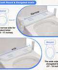 Elongated Raised Toilet Seat Risers Adjustable Height showing narrow and wide fitting options for standard and elongated toilets.