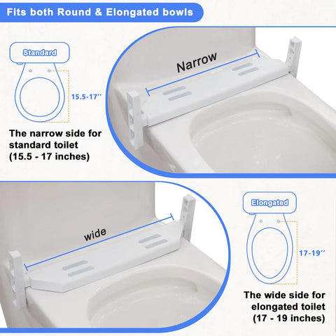 Elongated Raised Toilet Seat Risers Adjustable Height showing narrow and wide fitting options for standard and elongated toilets.
