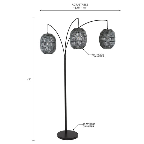 Three Light Metal Floor Lamp With Gray Rope Shade In Black Finish Large Boho Style Metal Lamp For Living Room Or Bedroom Provides Ambient And Focus Lighting For Any Space