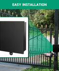 Heavy Duty 12V Battery Box Housing Built Tough For Deer Feeders And Gate Openers, weatherproof black steel box mounted near gate.