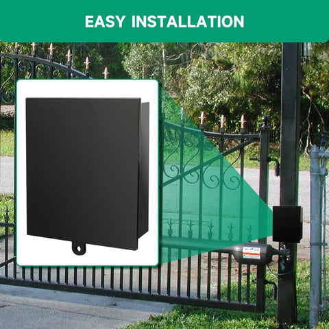 Heavy Duty 12V Battery Box Housing Built Tough For Deer Feeders And Gate Openers, weatherproof black steel box mounted near gate.