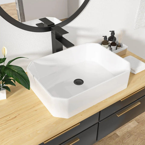 Rectangle Bathroom Vessel Sink 19 By 14 Inches Porcelain Ceramic White Above Counter Vanity Sink For Cabinets Lavatory Hotel And Home Modern Minimalist Basin With Smooth Glaze Easy To Clean And Lasting Glam on wooden counter.