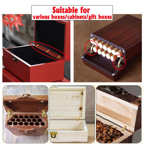 Image showing the Hidden Brass Barrel Hinges Kit for Jewelry Boxes and Small Cabinets installed on various wooden cases.