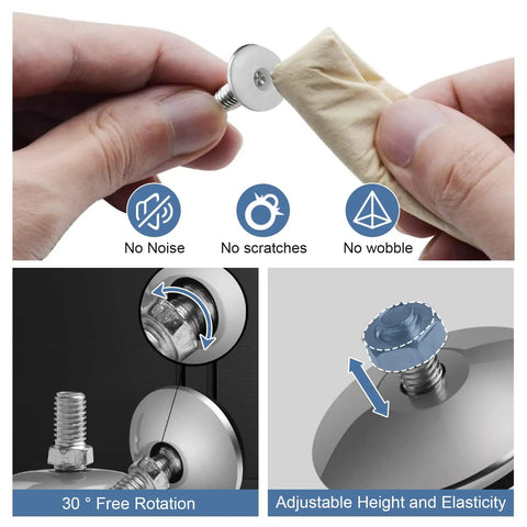 Close-up of Heavy Duty Adjustable Leveling Feet Set for Furniture and Cabinets M6 M8 M10, showing swivel and height adjustment.