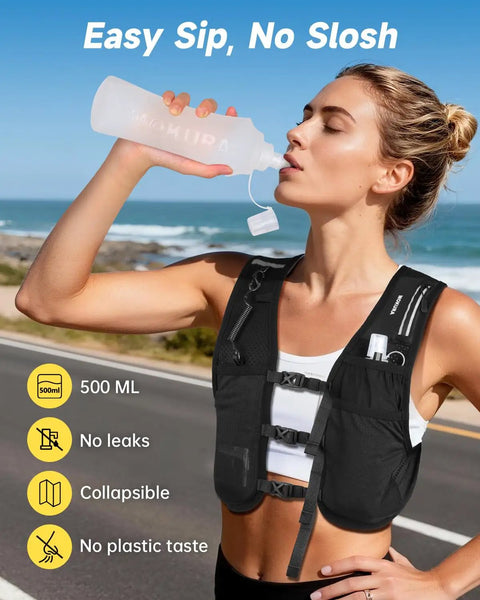 Woman wearing Ultra Lightweight Hydration Vest For Running With 500ml Soft Flask, Phone Holder, Reflective Straps, Adjustable Run Pack, Black