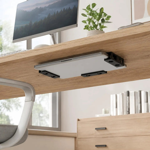 Under desk view of the Rock Solid Under Desk Laptop Mount Built Tough Adjustable Metal Shelf holding a laptop, enhancing workspace efficiency.