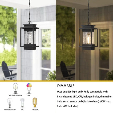 Outdoor Indoor Pendant Light For Front Porch And Entryway, 11.4 Inch Dope Modern Exterior Ceiling Chandelier, Weatherproof Aluminum With Crack Glass Shade, Ideal For Foyer, Patio Or Garage