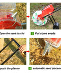 All In One Garden Seeder And Fertilizer Applicator Set showing steps to use the portable hand push planter with dual buckets in field