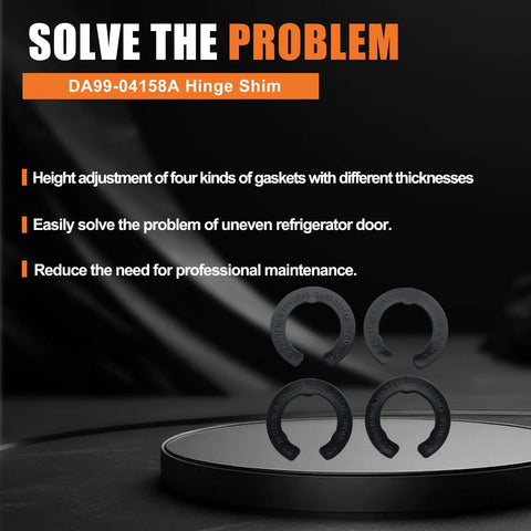 Refrigerator Door Hinge Shim Height Adjustment Kit Four Thicknesses Replacement Parts Set For Samsung And Other Brand Refrigerators Includes Four Pieces For Easy Door Alignment And Reliable Performance with four black shims displayed on a dark background.