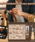 Pro Grade Leather Sewing Kit With Waxed Thread And Hand Sewing Machine Portable Stitching Tool for DIY Leather Repair and Craft With 11 Accessories 3 Needle Sizes 2 Spools And 6 Color Threads shown with leather tool installation guide.