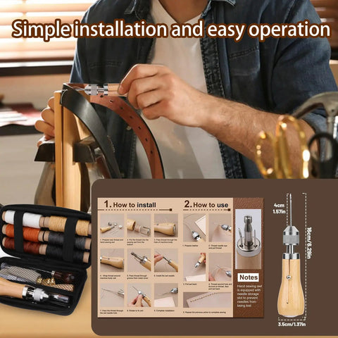 Pro Grade Leather Sewing Kit With Waxed Thread And Hand Sewing Machine Portable Stitching Tool for DIY Leather Repair and Craft With 11 Accessories 3 Needle Sizes 2 Spools And 6 Color Threads shown with leather tool installation guide.