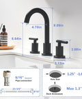 Diagram showing measurements of Two Handle Widespread Matte Black Bathroom Faucet for 3 Hole Vanities 8 Inch Centers with Pop Up Drain and cUPC Supply Lines.
