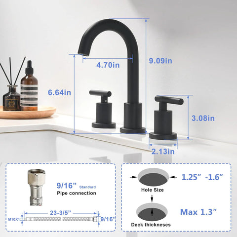 Diagram showing measurements of Two Handle Widespread Matte Black Bathroom Faucet for 3 Hole Vanities 8 Inch Centers with Pop Up Drain and cUPC Supply Lines.