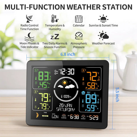 All In One Weather Station With Wireless Indoor Outdoor Thermometer And Three Remote Sensors 7.5 Inch VA Display