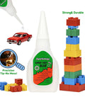 Hella Fast Drying Super Glue For Plastic Repair And Model Fixing With Killer Instant Bond For Abs Pvc Pla 3D Miniatures Precision Tip No Mess Formula Two Pack Bundle bottle with red toy car and stacked building blocks.