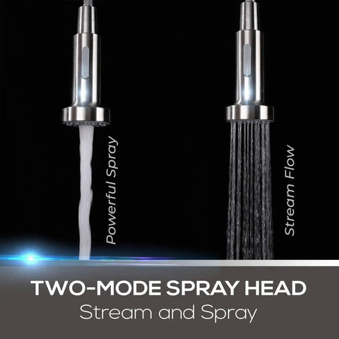 High Arc Kitchen Sink Faucet With Single Handle And Pull Out Spray Head In Stainless Steel Brushed Finish showing spray modes.