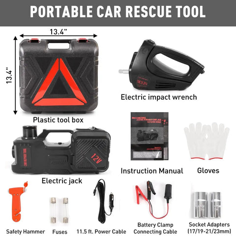 All In One 5 Ton 12V Electric Car Jack Kit With Hydraulic Floor Jack, Impact Wrench, Inflatable Pump And LED Light for emergency tire changes.