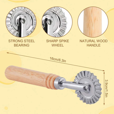 Pastry wheel cutter with fluted metal wheel and natural wooden handle; 16 cm long for dough, pasta, and pastry.