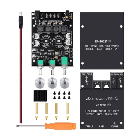 Bluetooth 5.0 200W Dual Channel HiFi Amplifier Module For DIY Speakers Subwoofer Setup shown with components and assembly tools