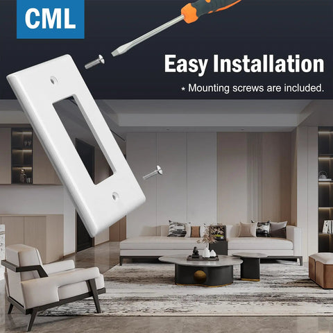 Jumbo Decorator Wall Plate Six Pack Oversized 1 Gang White Outlet Covers 3.5 by 5.5 Inches with mounting screws in living room.