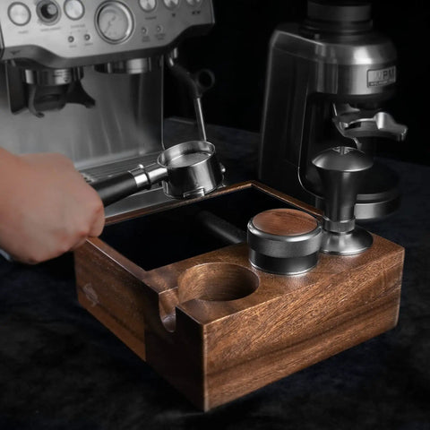 Using 4 In 1 Walnut Pro Barista Style Espresso Tamping Station And Knock Box For 58mm Portafilter With Distributor And Tamper Holder