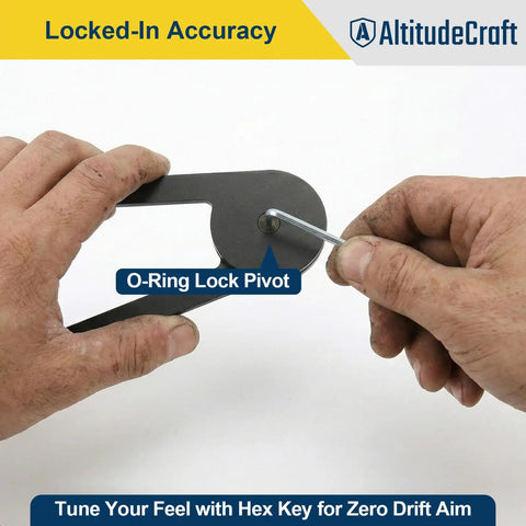 Hands adjusting O-Ring Lock Pivot on Boss Grade Miter Saw Protractor And Crown Molding Angle Finder for precise cuts.