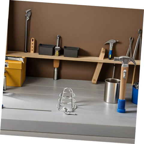 No Fuss Setup Fire Sprinkler Head Protector Cage Cover Clamps on workbench with tools in background, steel material.