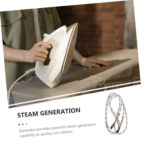 Person ironing with heavy duty steam iron replacement hose and tube for high tensile strength easy installation durable leak proof steam line