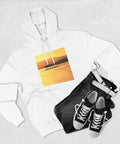Outrigger Canoe Sunset Molokai Hawaii Inspired Three Panel Fleece Hoodie with soft cotton blend on display with jeans and sneakers