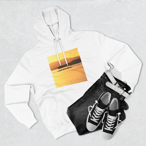 Outrigger Canoe Sunset Molokai Hawaii Inspired Three Panel Fleece Hoodie with soft cotton blend on display with jeans and sneakers