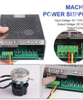Mach3 power supply for Beefy 500W Air Cooled CNC Spindle Kit with wiring connectors and AC110V/220V input voltage specifications.
