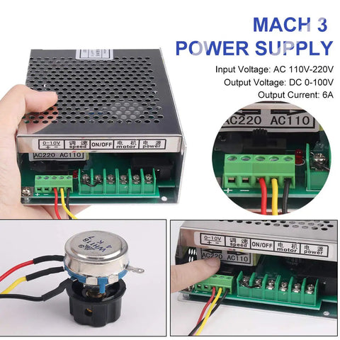 Mach3 power supply for Beefy 500W Air Cooled CNC Spindle Kit with wiring connectors and AC110V/220V input voltage specifications.