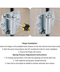 Installation guide for Solid As A Rock Self Closing Door Hinges 3 Piece Set with adjustment instructions for door tension.