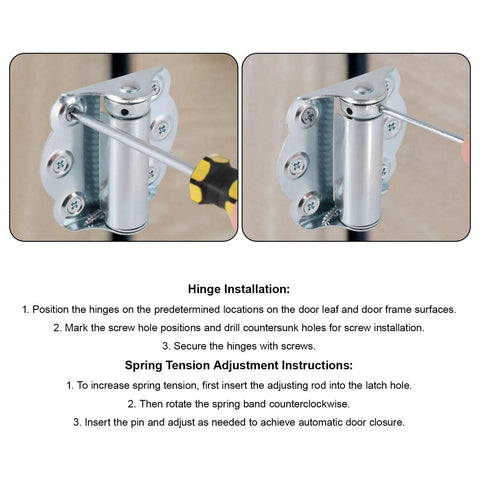 Installation guide for Solid As A Rock Self Closing Door Hinges 3 Piece Set with adjustment instructions for door tension.