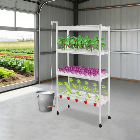 4 Tier Indoor And Outdoor Hydroponic Grow Rack With 12 Pipes And 108 Plant Sites in a greenhouse, featuring seedlings