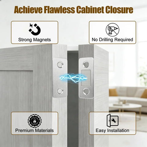 Close-up of 6 Pack Cabinet Magnetic Catch Set For Easy Install No Drill Stainless Steel Strong Magnetic Latch for Sliding Cabinets