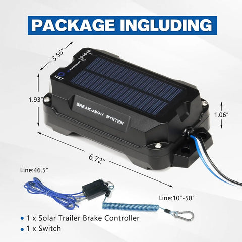 Trailer Brake Controller Kit With Solar Panel 12V 3Ah LiFePO4 Battery Breakaway Kit showing dimensions and components