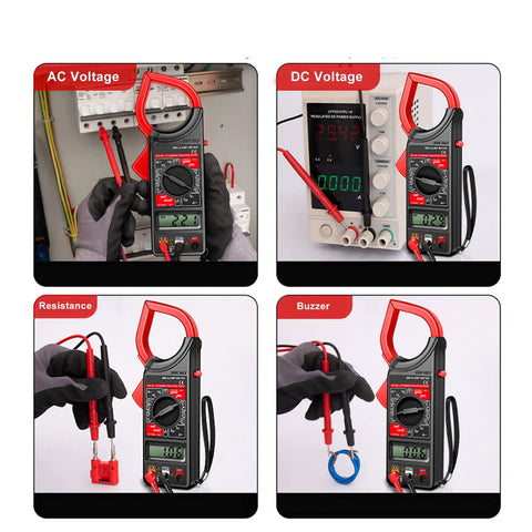 AC DC Auto Range Clamp Meter With Beeper 1000A Voltage Tester For Electricians And DIY Projects, NCV Testing, Wide Range Current And Voltage Measurement, Lightweight Clamp Multimeter For Voltage, Current And Resistance in use for AC, DC, Resistance, and Buzzer testing